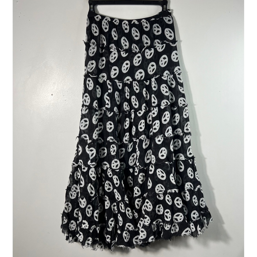 Baba Black White Peace Sign Tiered Maxi Skirt Raw Edge Boho One Size
